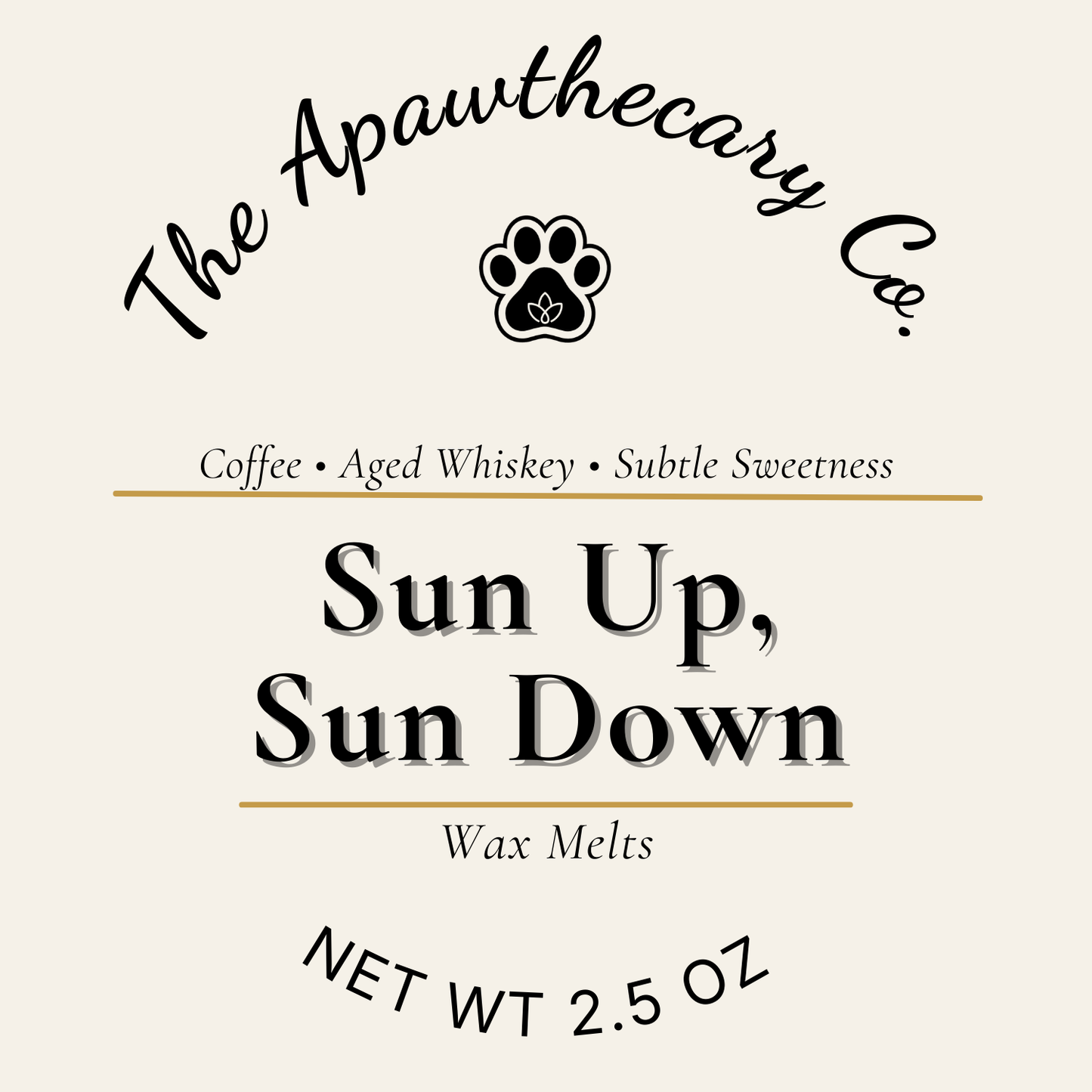 Label for 'Sun Up, Sun Down' wax melts by The Apawthecary Co. on a beige background.