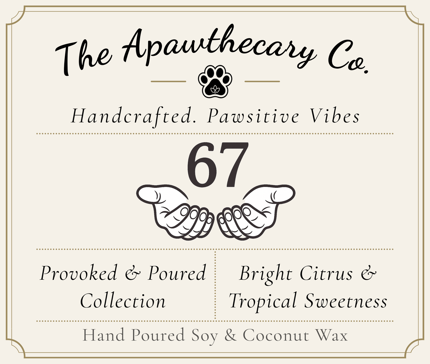 Product label for 'The Apawthecary Co.' with paw prints and product details.
