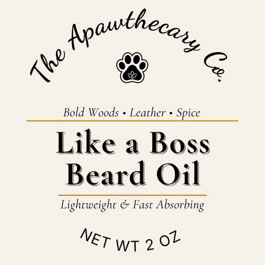 Label for 'Like a Boss Beard Oil' by The Apawthecary Co. on a beige background