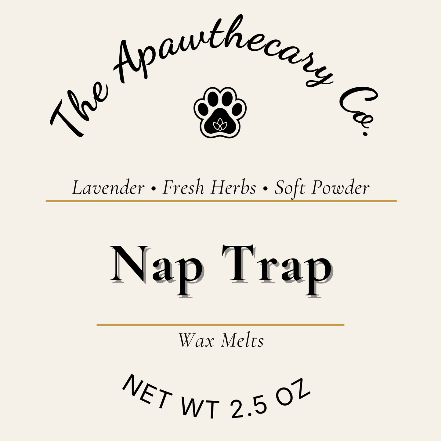 Label for 'Nap Trap' wax melts by The Apawthecary Co. on a beige background.