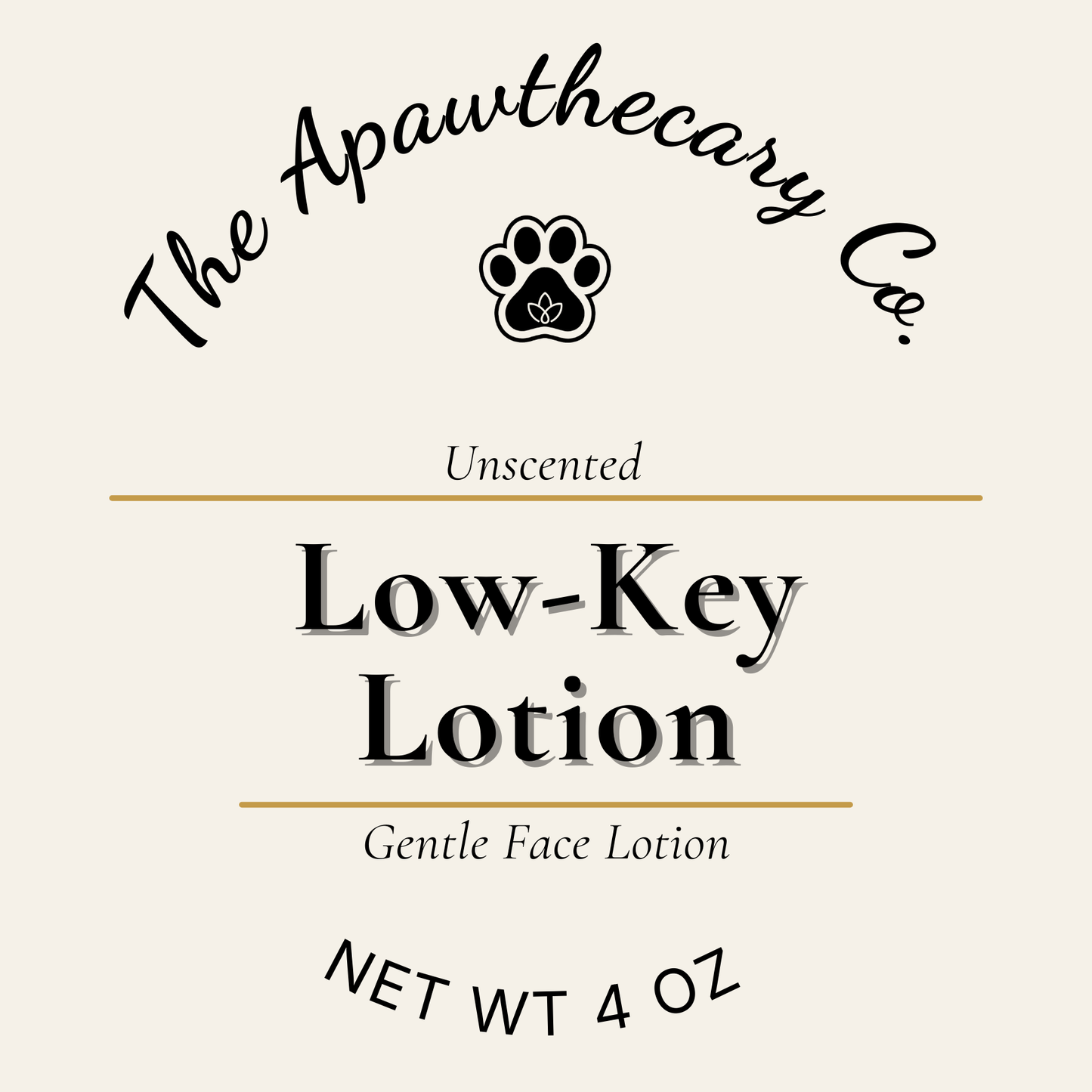 Label for 'Low-Key Lotion' by The Apawthecary Co. on a beige background