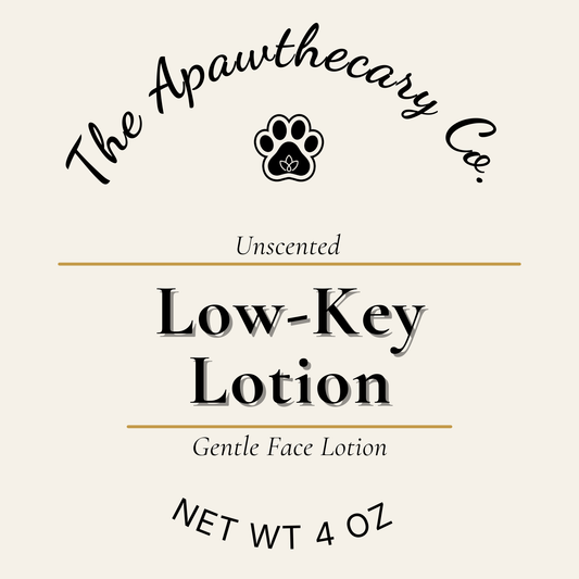 Label for 'Low-Key Lotion' by The Apawthecary Co. on a beige background