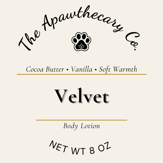Label for 'Velvet' body lotion from The Apawthecary Co. with a paw logo.