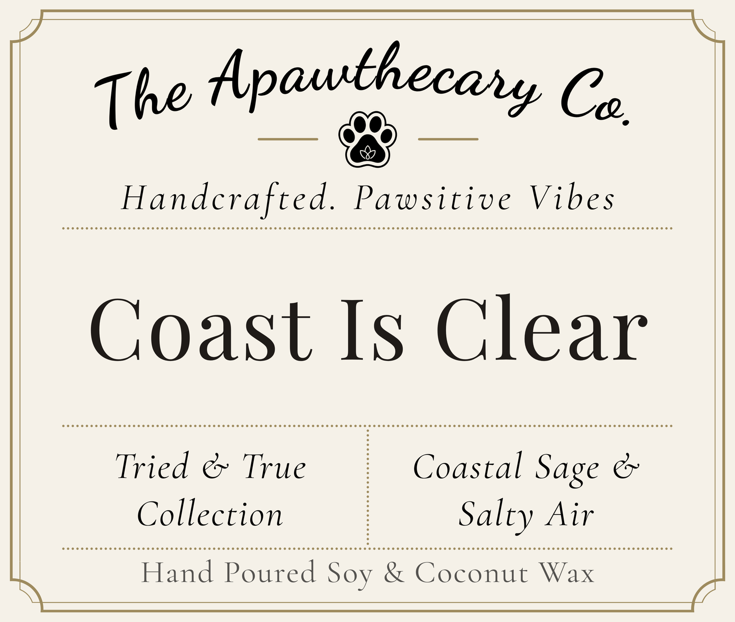 Product label for 'Coast Is Clear' candle from The Apawthecary Co. with branding and product details.