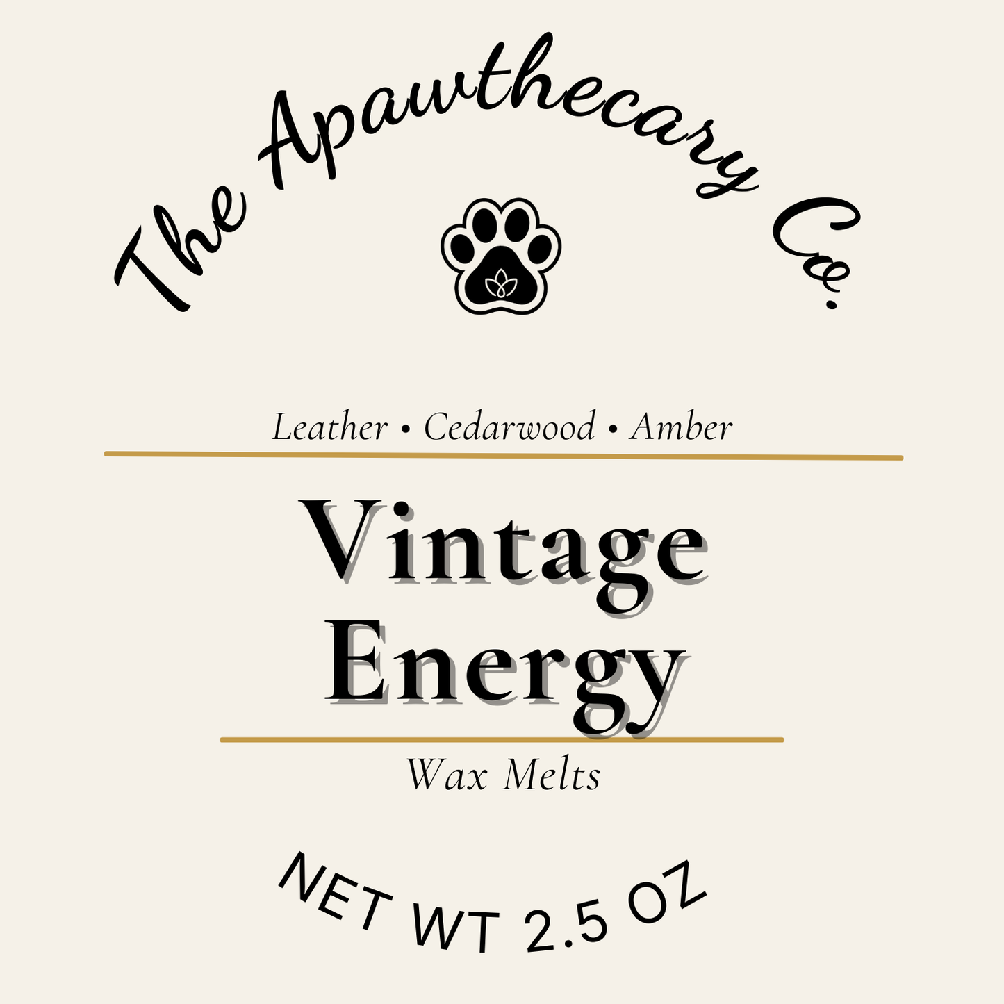 Label for 'Vintage Energy' wax melts by The Apawthecary Co. with a paw print logo.