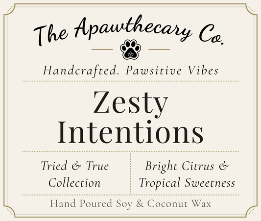 Product label for 'Zesty Intentions' from The Apawthecary Co. with branding and product details.