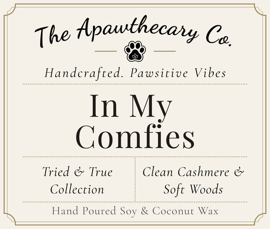 Product label for 'In My Comfies' candle from The Apawthecary Co. with branding and product details.