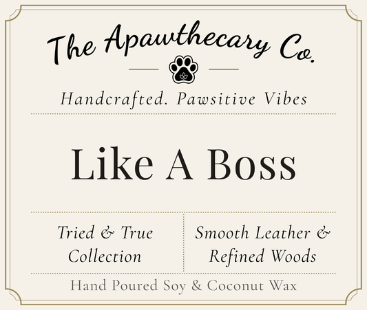 Product label for 'Like A Boss' from The Apawthecary Co. with branding and product details.