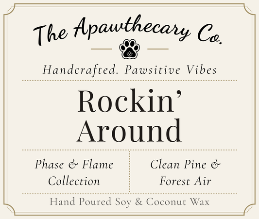 Product label for 'Rockin' Around' candle from The Apawthecary Co. with branding and product details.