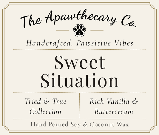 Product label for 'Sweet Situation' from The Apawthecary Co. with branding and product details.