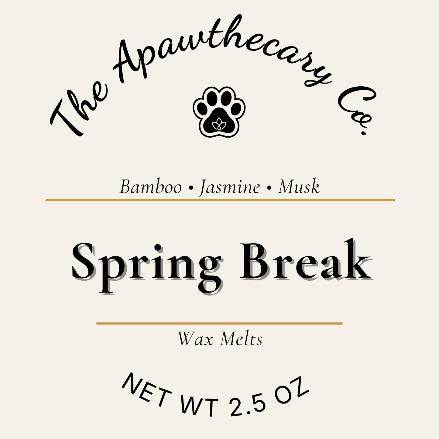 Label for 'Spring Break' wax melts by The Apawthecary Co. with a paw print icon.