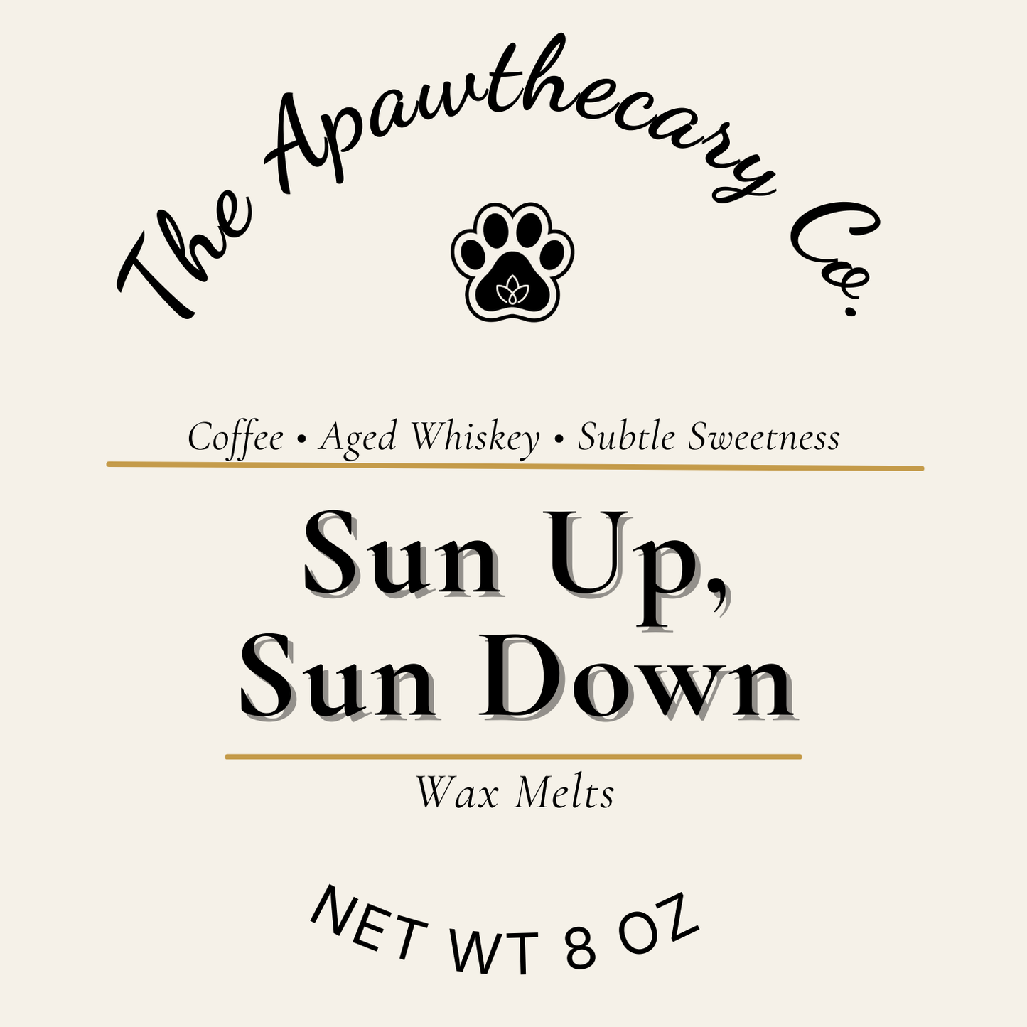 Label for 'Sun Up, Sun Down' wax melts by The Apawthecary Co. on a beige background.