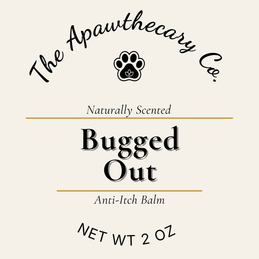 Label for 'Bugged Out' anti-itch balm by The Apawthecary Co. on a beige background.