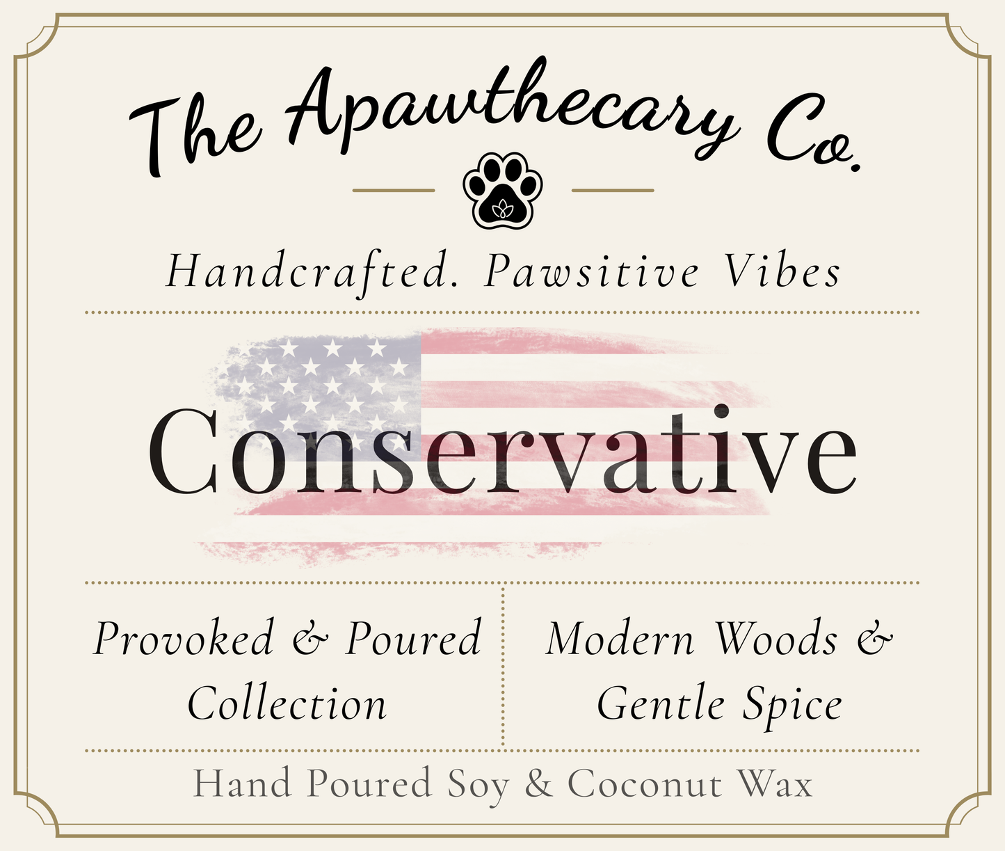 Product label for 'Conservative' candle from The Apawthecary Co. with branding and product details.