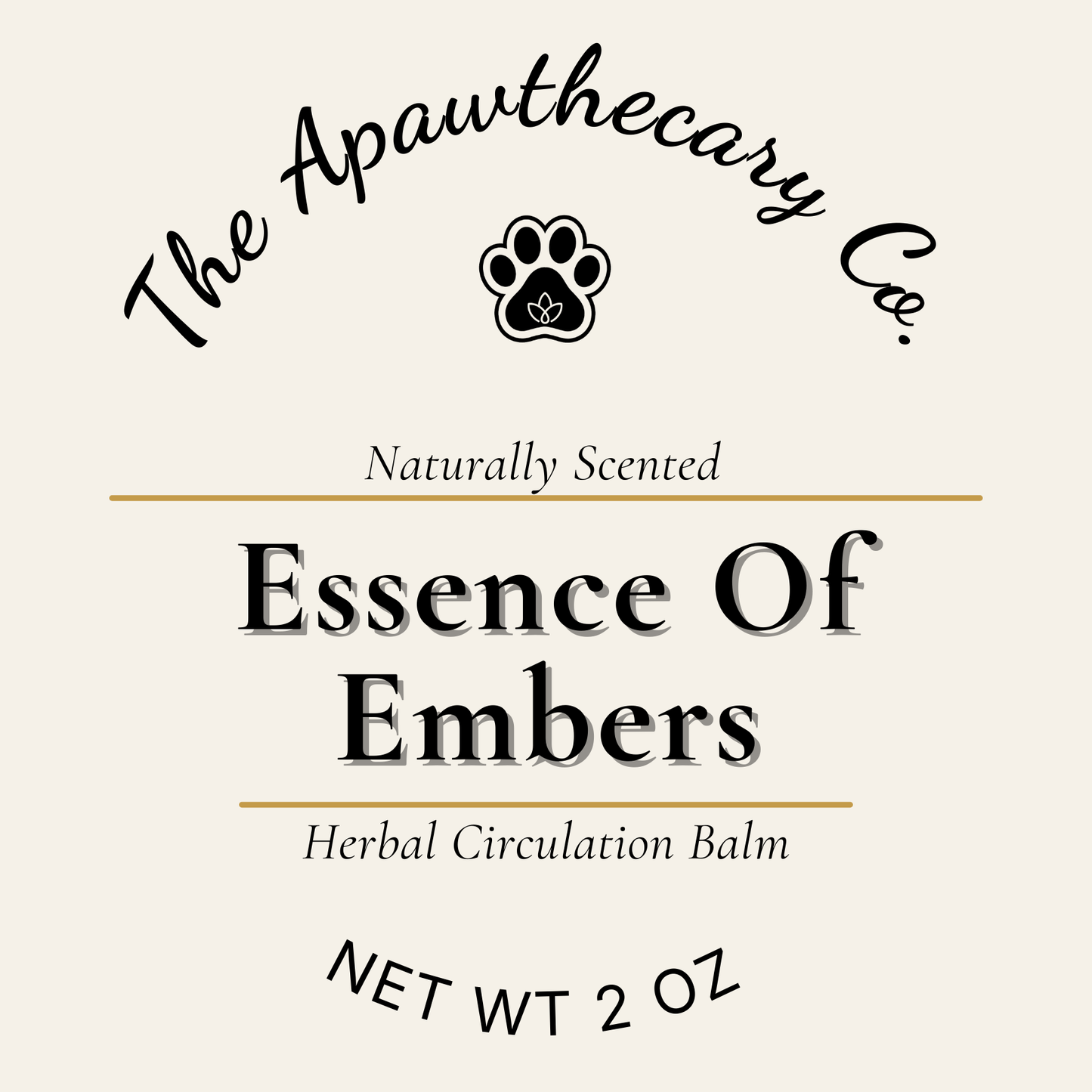 Label for 'Essence Of Embers' herbal circulation balm by The Apawthecary Co.