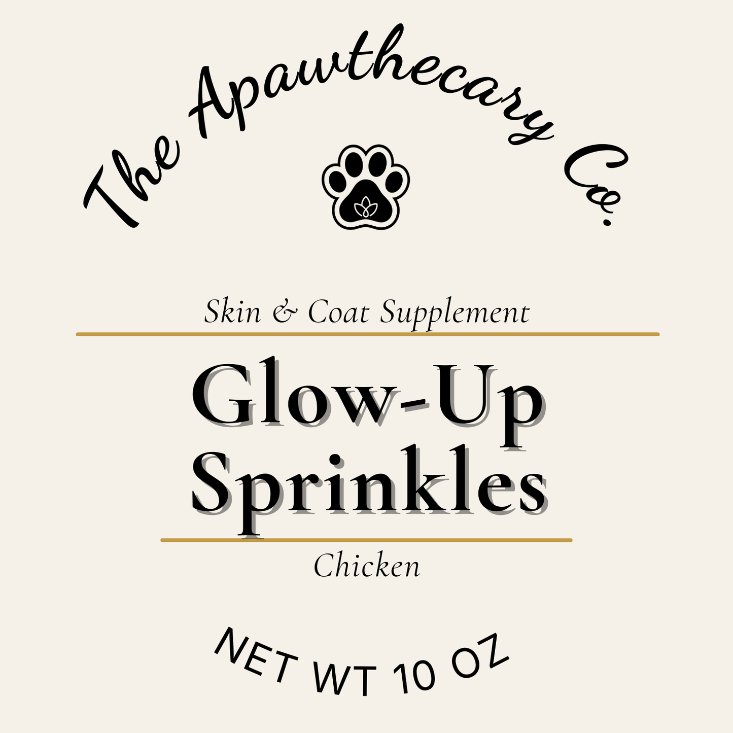 Label for 'Glow-Up Sprinkles' skin and coat supplement by The Apawthecary Co. on a beige background.