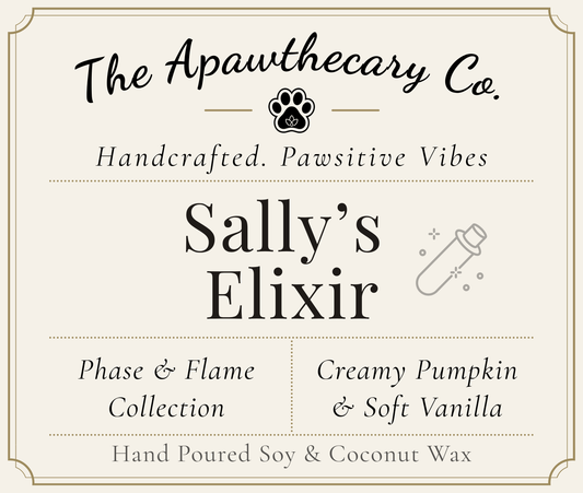 Product label for 'Sally's Elixir' from The Apawthecary Co. with branding and product details.