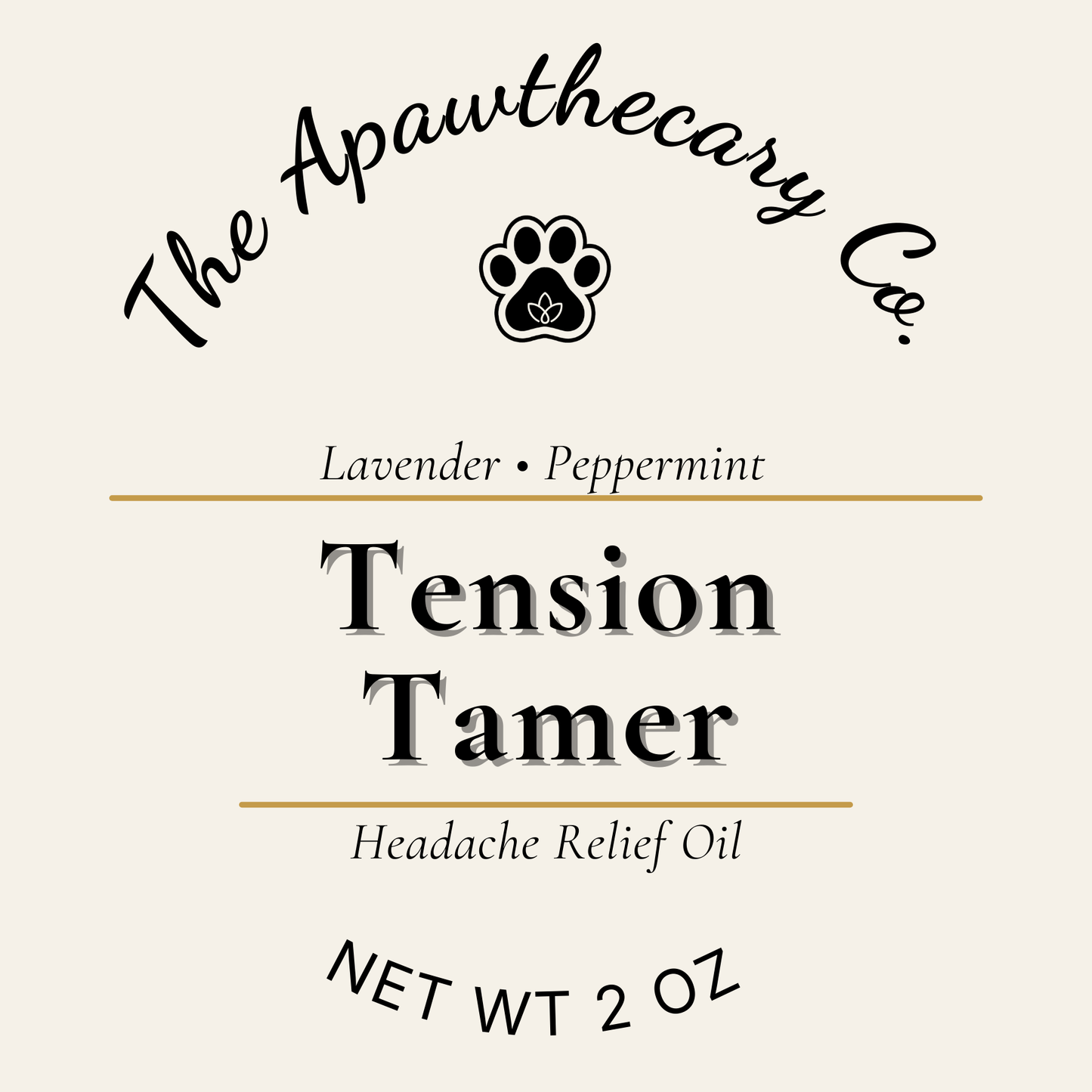 Label for 'Tension Tamer' headache relief oil from The Apawthecary Co. with lavender and peppermint scents.