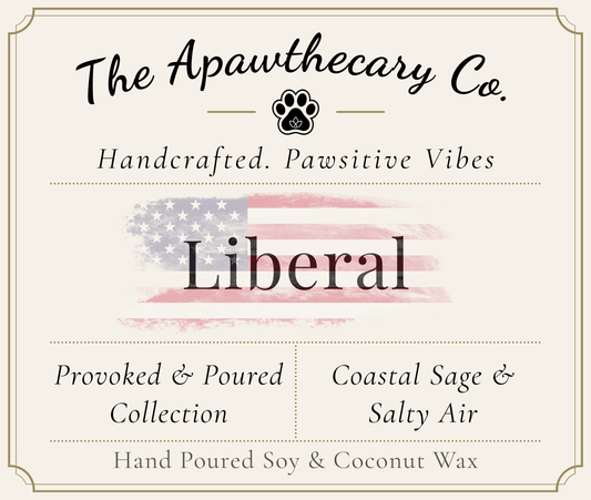 Product label for 'Liberal' from The Apawthecary Co. with branding and product details.