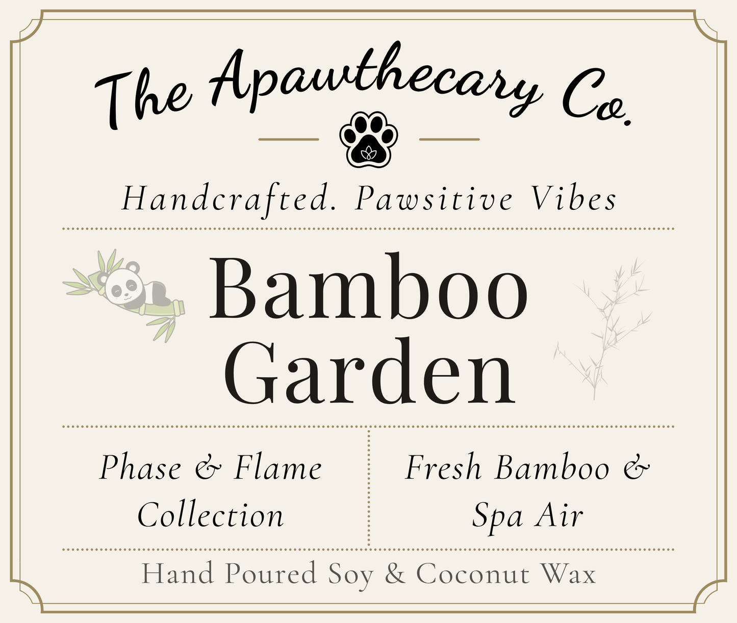 Product label for 'Bamboo Garden' from The Apawthecary Co. with branding and product details.