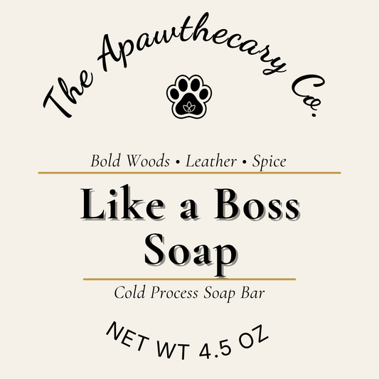 Label for 'Like a Boss Soap' by The Apawthecary Co. on a beige background