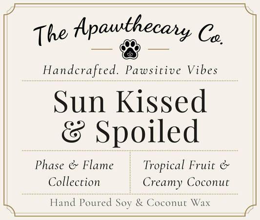 Product label for 'Sun Kissed & Spoiled' candle from The Apawthecary Co.