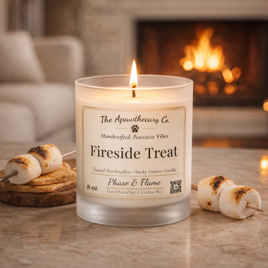 Candle labeled 'Fireside Treat' with marshmallows and cookies on a table in front of a fireplace.
