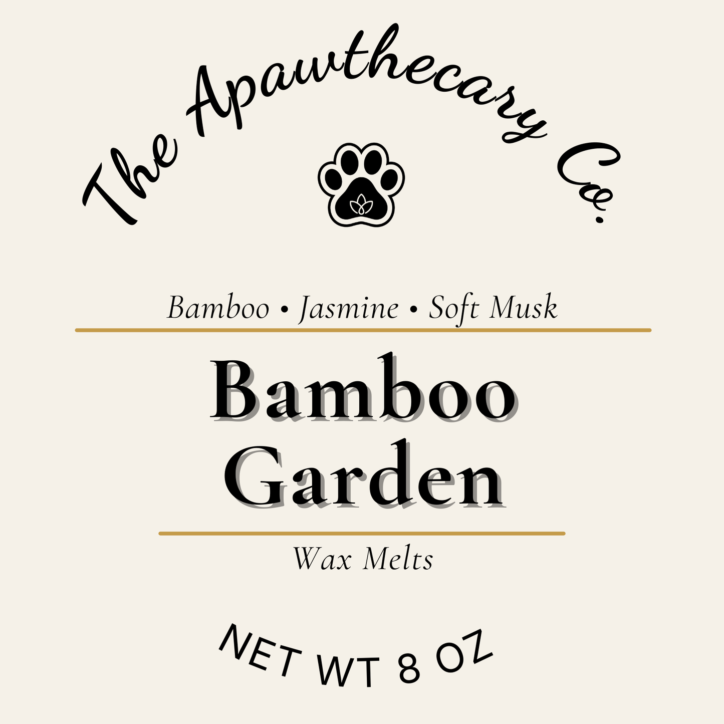 Label for 'Bamboo Garden' wax melts by The Apawthecary Co. with a paw print logo.