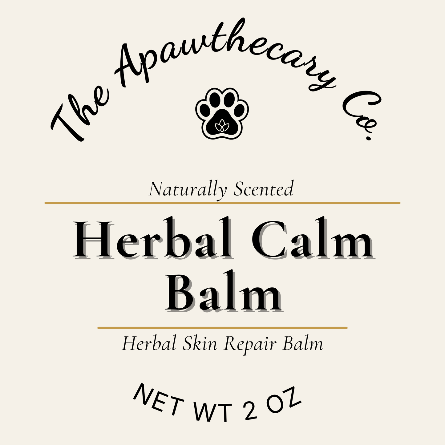 Label for The Apawthecary Co. Herbal Calm Balm on a beige background