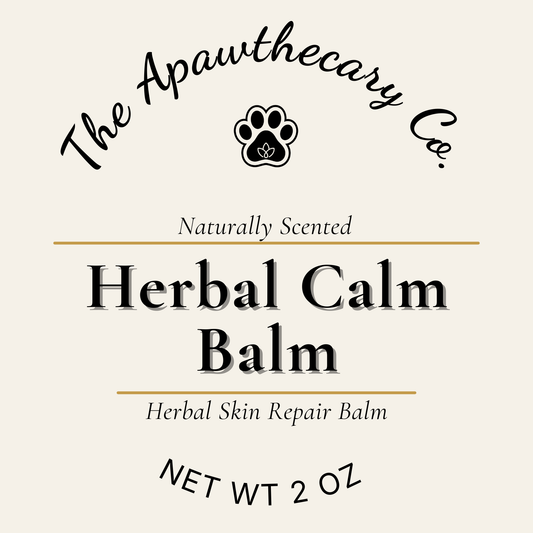 Label for The Apawthecary Co. Herbal Calm Balm on a beige background