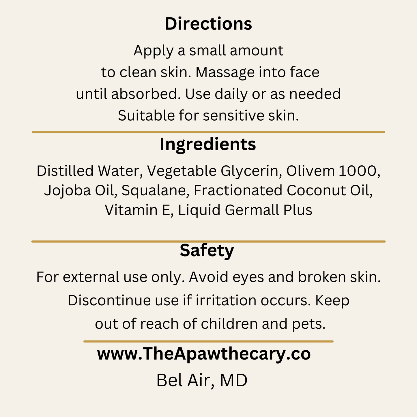 Product label with directions, ingredients, safety information, and branding details.