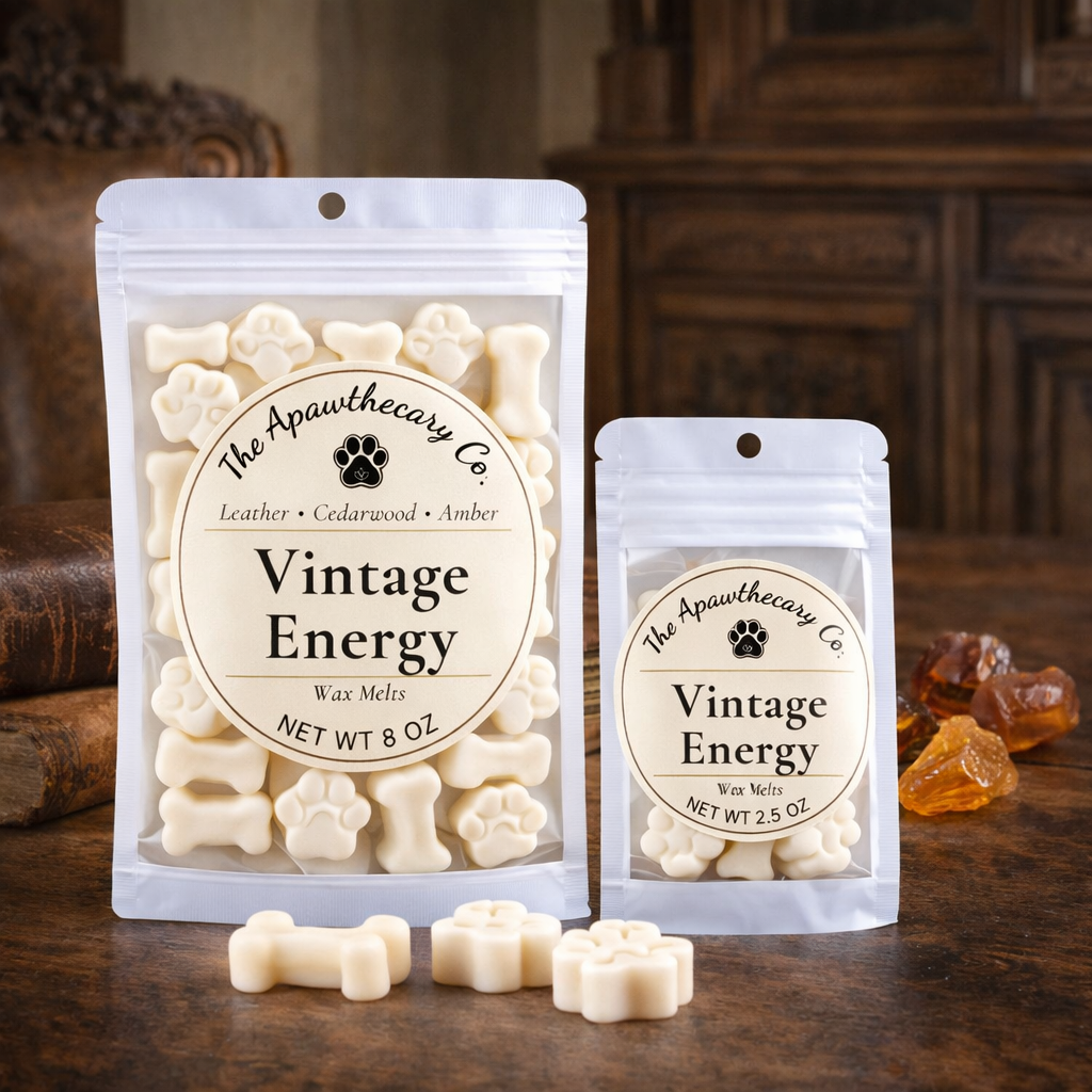 Two packages of 'Vintage Energy' wax melts from The Apawthecary Co on a wooden surface.