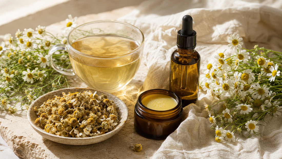 Chamomile flowers, amber bottle, balm, tea