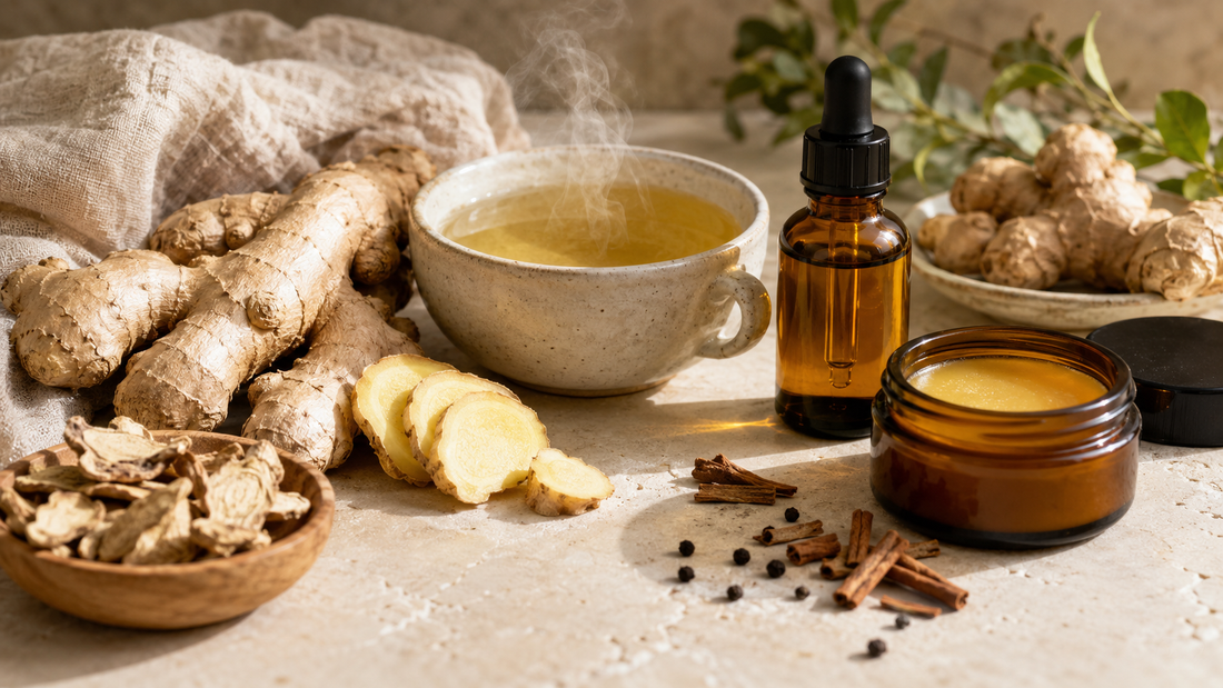 Ginger root, amber bottle, tea qnd balm
