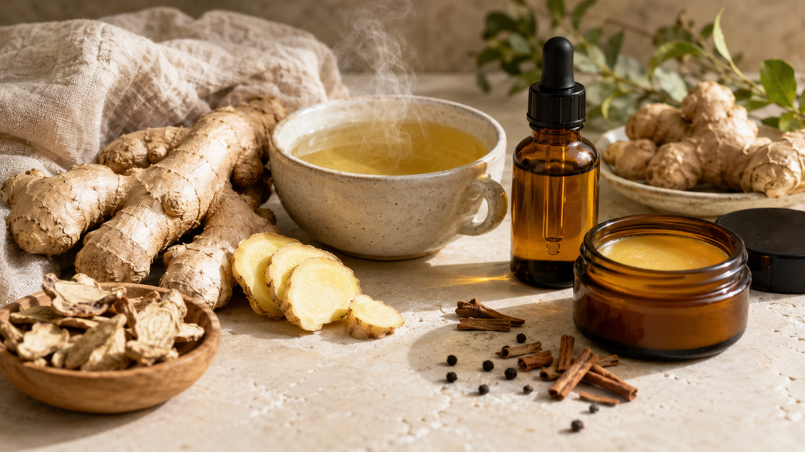 Ginger root, amber bottle, tea qnd balm