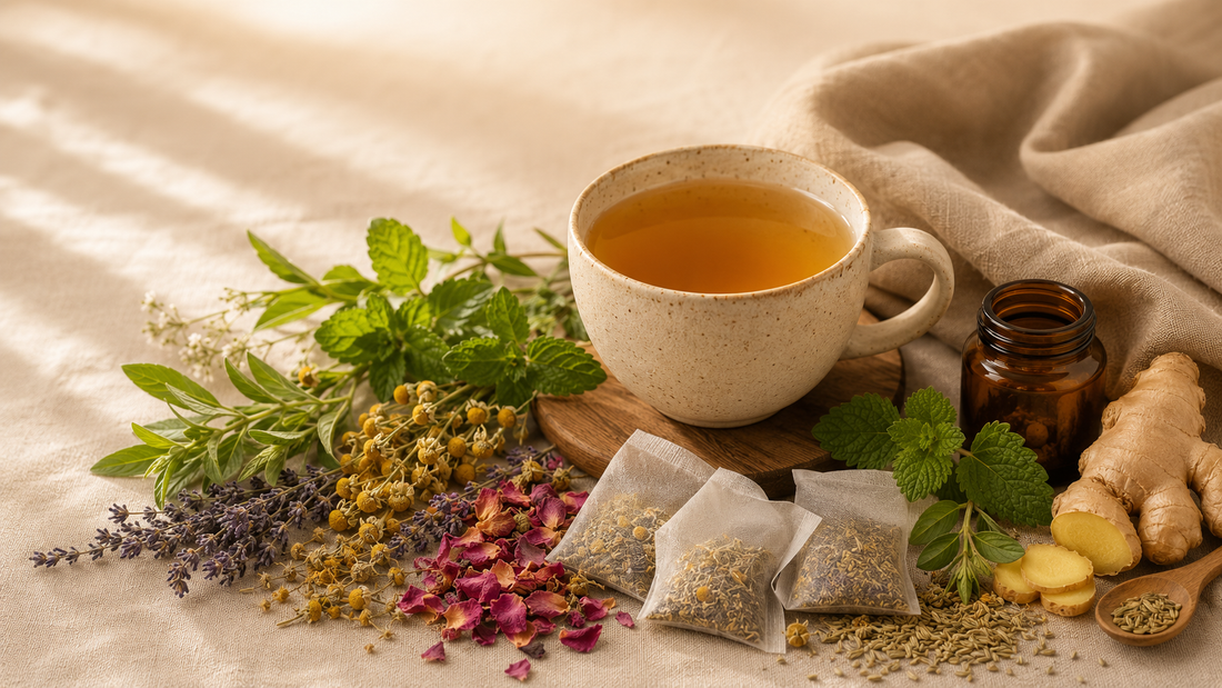 Tea cup, herbs and tea bags