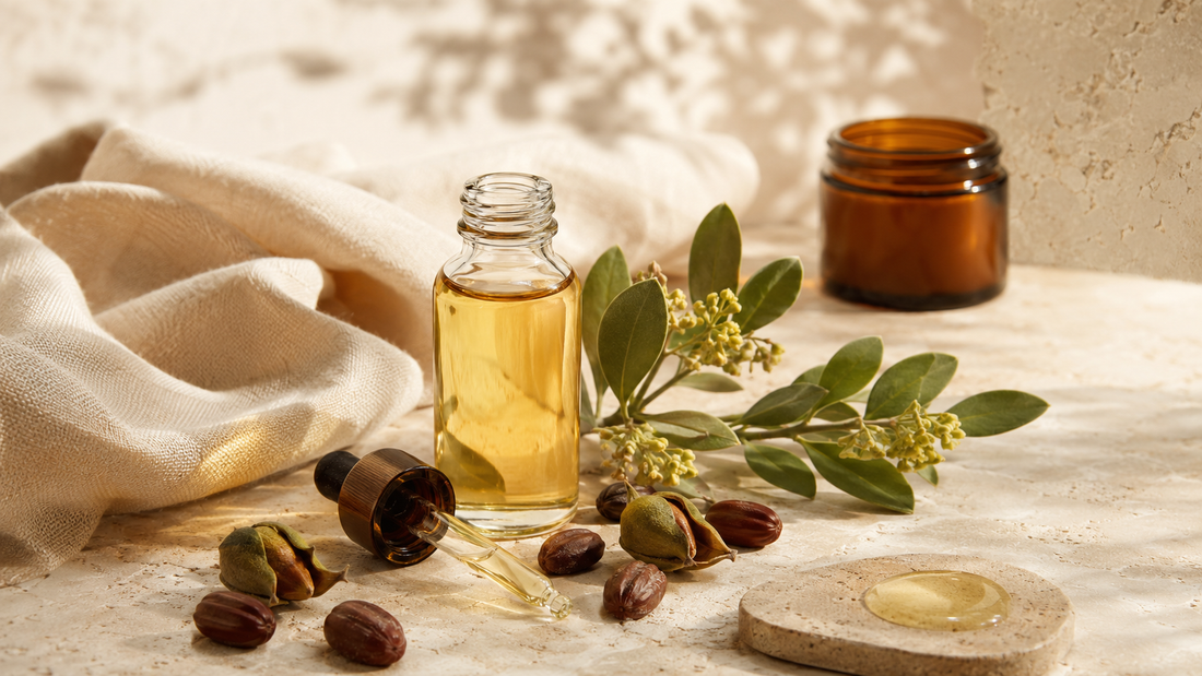 Jojoba plant and jojoba oil in jar