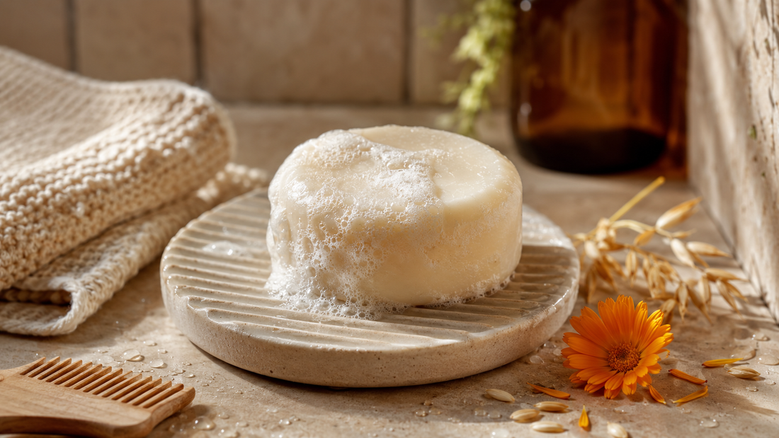 Soapy shampoo bar on shelf with flower