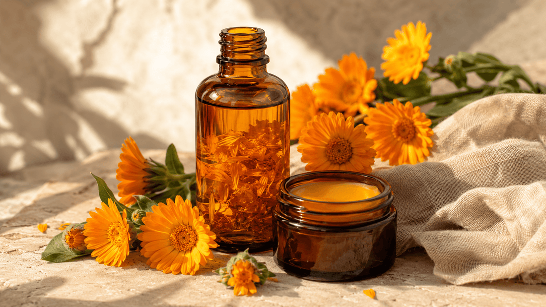 Calendula flower and balm and oil in amber jars