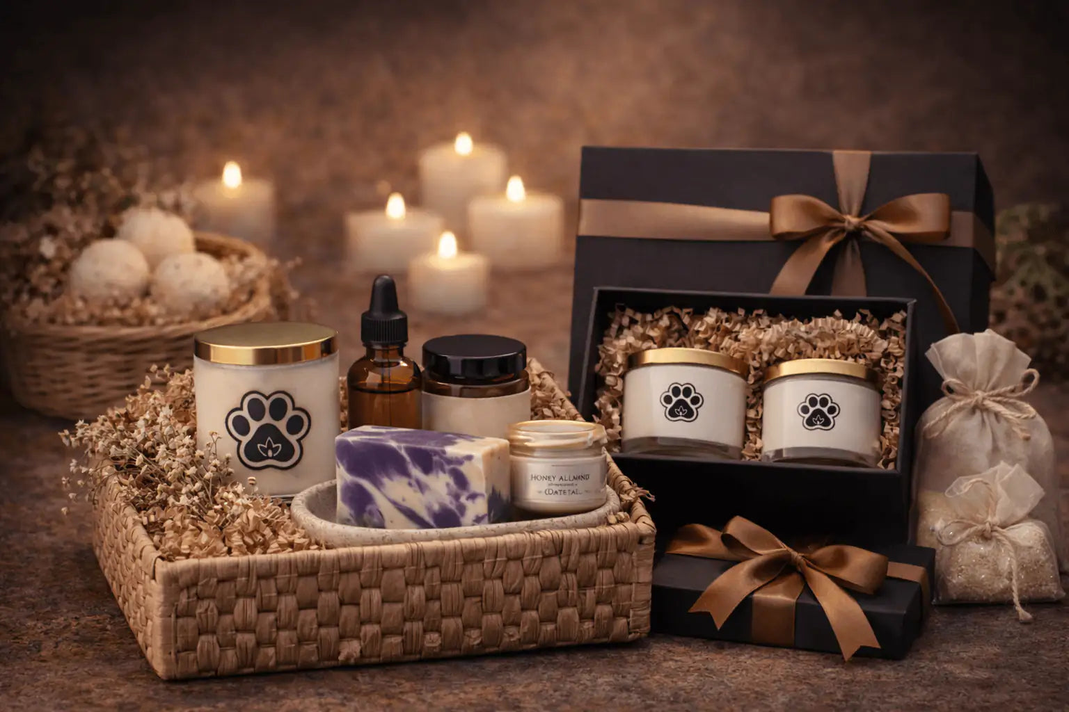 Bundles of beautifully packaged candles and skincare products in stylish gift sets, perfect for any occasion.