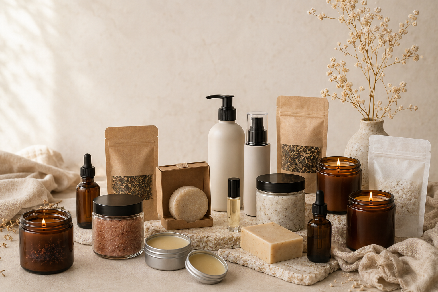 Warm neutral arrangement of Apawthecary body care, tea, candles, soap, and giftable products.