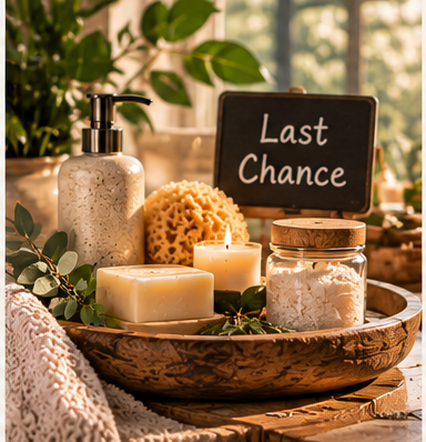 Generic unlabeled bath and body products arranged for clearance and closeouts