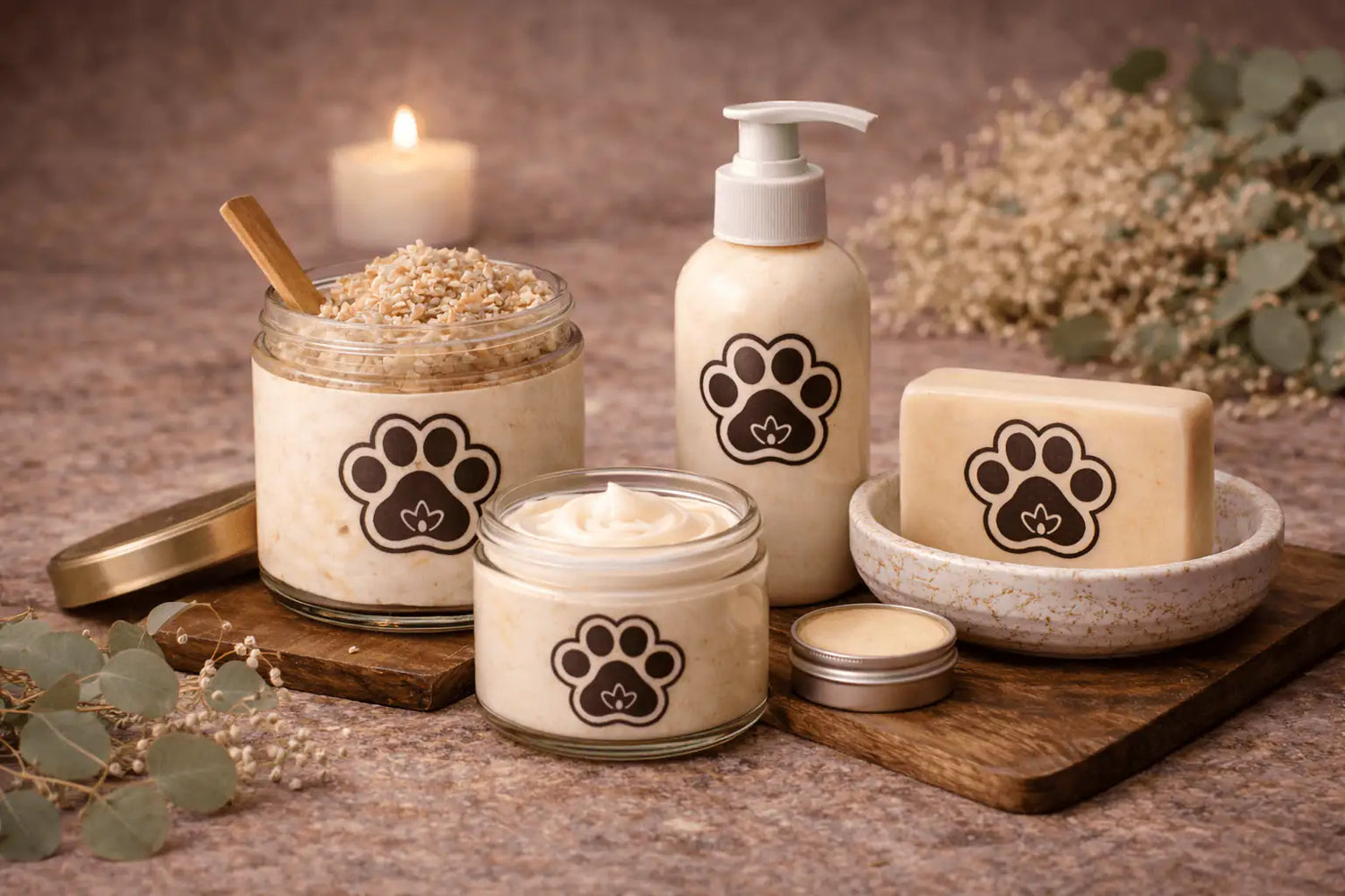 Feeling it collection of body care essentials featuring natural products with paw print logos.