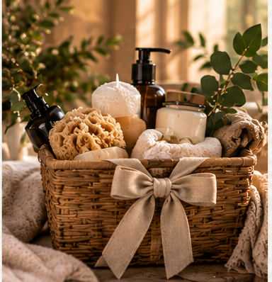 Generic unlabeled self-care products arranged together as a gift bundle