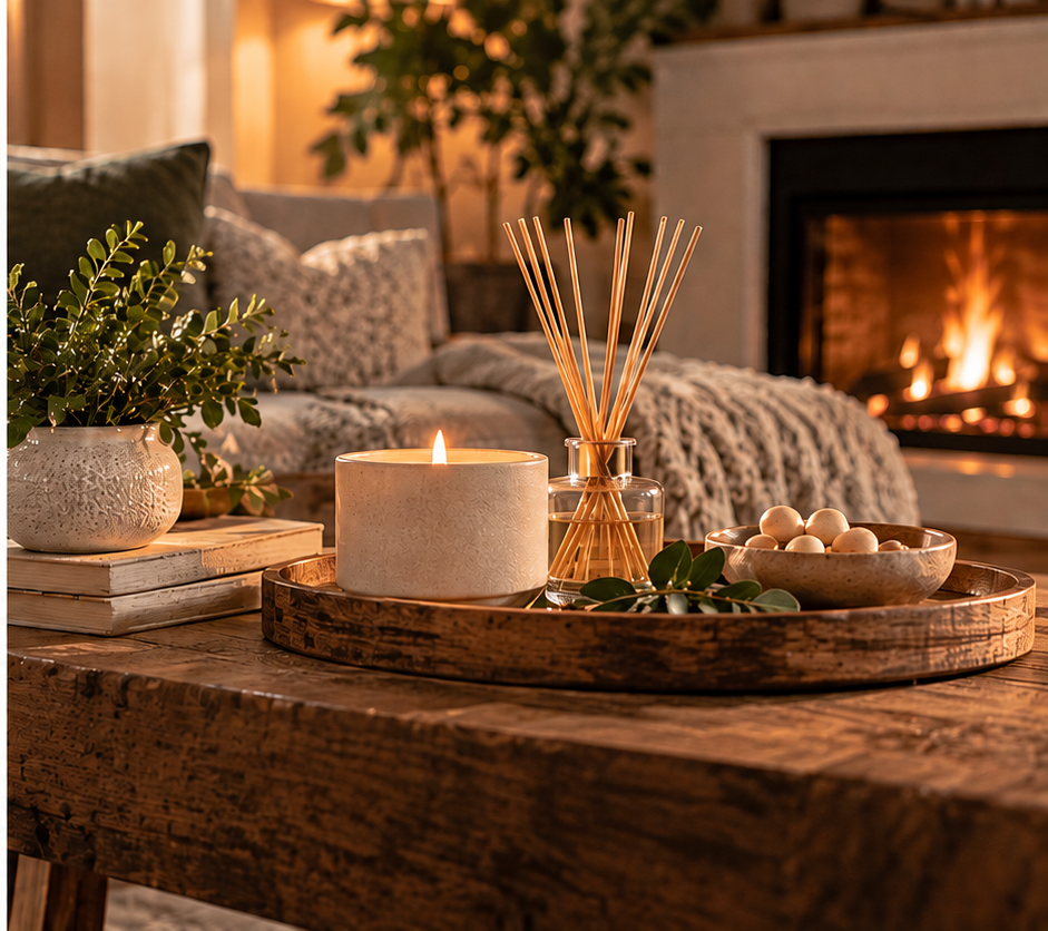 Home fragrance collection with generic unlabeled candle and diffuser in a warm cozy interior