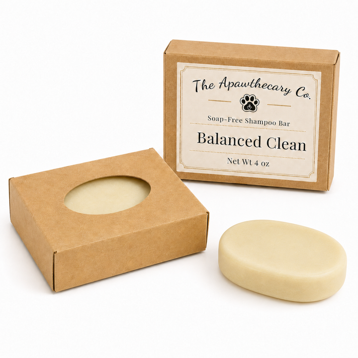 A soap-free shampoo bar in a round pale beige bar, shown next to its kraft paper packaging box with a circular cutout and a second box displaying the label 'The Apawthecary Co. Balanced Clean'.