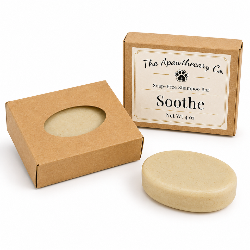 A soap-free shampoo bar in a round beige bar form, shown next to its kraft paper packaging boxes. The box features a circular cutout displaying the bar and a second box with a front label reading 'The Apawthecary Co.
