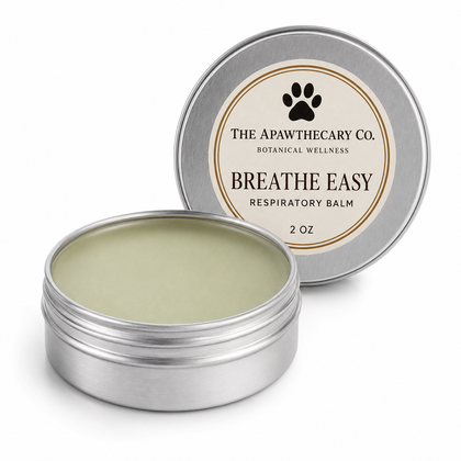 An open round silver tin of The Apawthecary Co. Breathe Easy Respiratory Balm, showing the pale green balm inside, with the matching lid behind it on a white background.