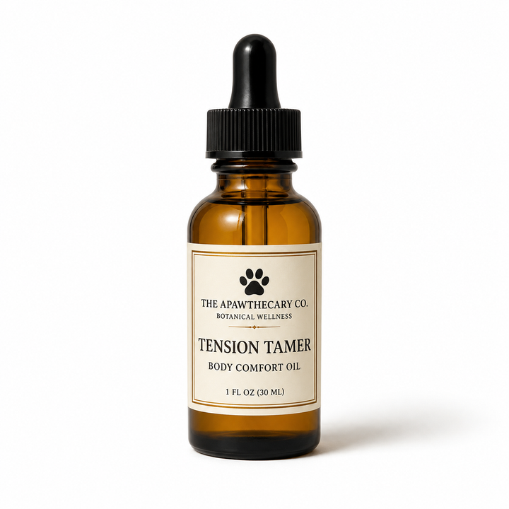 A 1 fl. oz amber glass dropper bottle of Tension Tamer Body Comfort Oil by The Apawthecary Co.