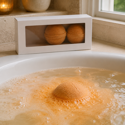 A white rectangular box with a clear window holding two round bath bombs, placed on the edge of a bathtub where one bath bomb is dissolving in foamy orange water near a window.